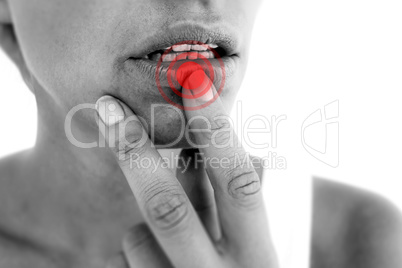 Composite image of thoughtful woman touching her lips