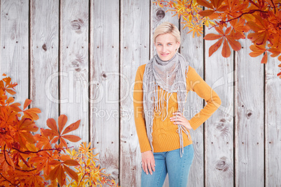 Composite image of smiling woman posing in front of white backdr