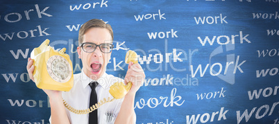 Composite image of geeky businessman shouting at retro phone