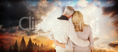Composite image of rear view of couple with arms around