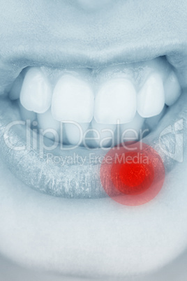 Composite image of close up of female mouth growling