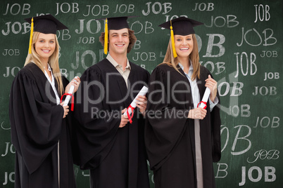 Composite image of three smiling students in graduate robe holdi