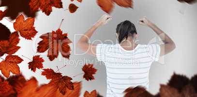 Composite image of depressed woman with hands raised