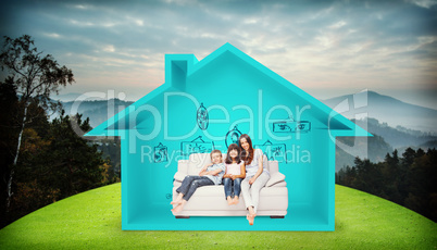 Composite image of mother with their children sitting on sofa