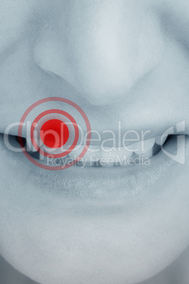 Composite image of close up of female mouth growling