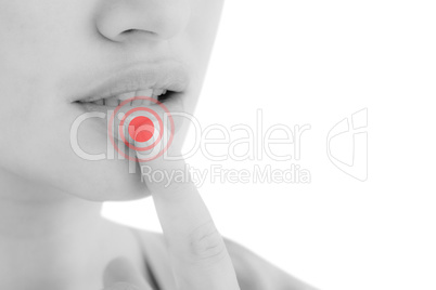 Composite image of woman pointing her lip