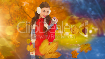 Composite image of happy brunette in winter clothes posing