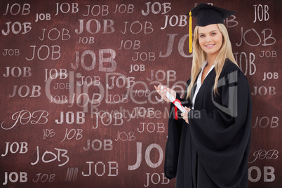 Composite image of blonde student in graduate robe holding a dip