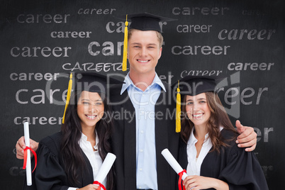 Composite image of three friends graduate from college together