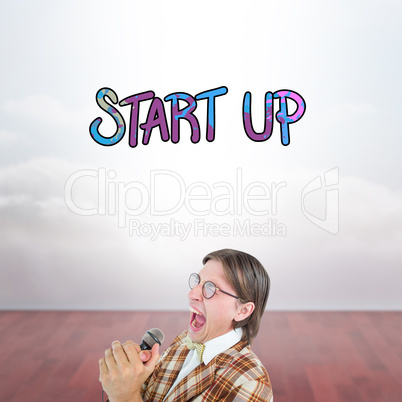 Composite image of happy geeky hipster singing with microphone