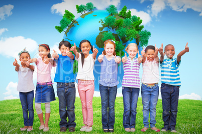 Composite image of cute pupils smiling at camera in classroom