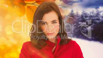 Composite image of portrait of a beautiful brunette in red coat