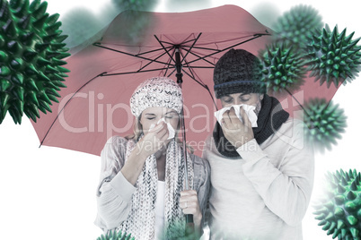 Composite image of ill couple sneezing in tissue while standing