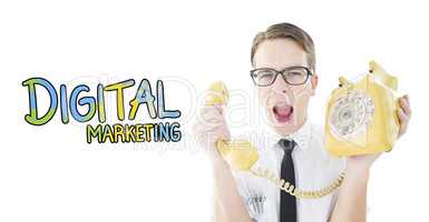 Composite image of geeky businessman shouting at retro phone