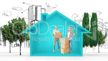 Composite image of happy couple packing cardboard boxes