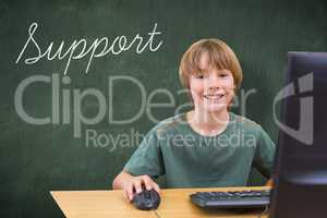 Support against green chalkboard