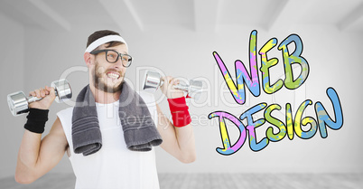 Composite image of geeky hipster lifting dumbbells in sportswear