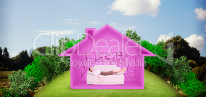 Composite image of well dressed young woman sleeping on sofa