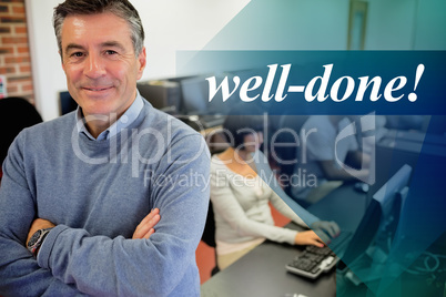 Well-done! against teacher smiling at top of computer class