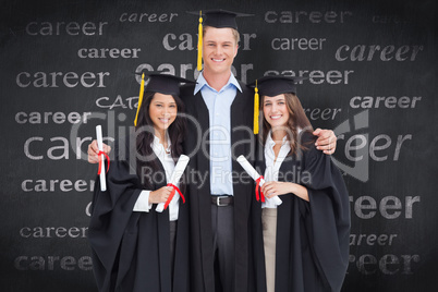 Composite image of full length of three friends graduate from co