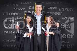 Composite image of full length of three friends graduate from co