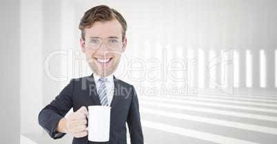 Composite image of geeky businessman holding mug