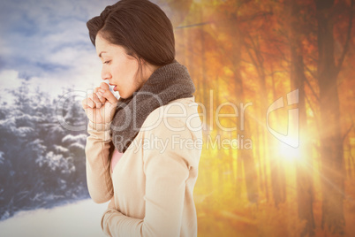 Composite image of sick brunette coughing