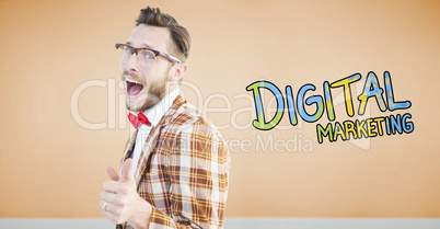 Composite image of geeky hipster pointing at camera