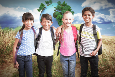 Composite image of happy friends smiling at camera