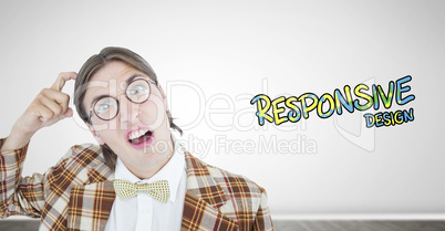 Composite image of geeky hipster scratching his head