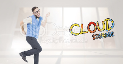 Composite image of geeky hipster dancing and smiling