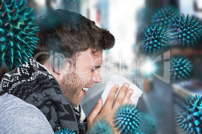 Composite image of close up side view of man blowing nose