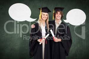 Composite image of two students in graduate robe shoulder to sho