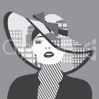 Vector double exposure illustration. Woman with city in her hat