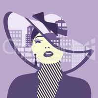 Vector double exposure illustration. Woman with city in her hat