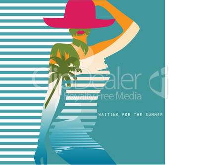 Vector double exposure illustration. Woman in swimsuit