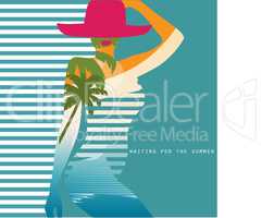 Vector double exposure illustration. Woman in swimsuit