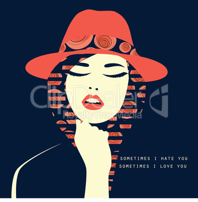 Vector double exposure illustration. Woman with red hat