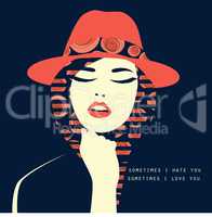 Vector double exposure illustration. Woman with red hat