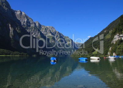 Lake Klontalersee and mountains in Glarus Canton