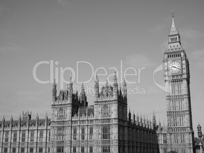 Black and white Houses of Parliament in London