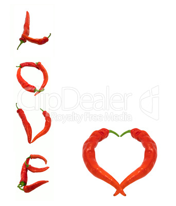 Heart and Love composed of red chili peppers