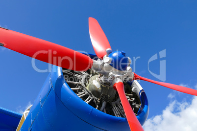 Flugzeugmotor mit rotem Propeller