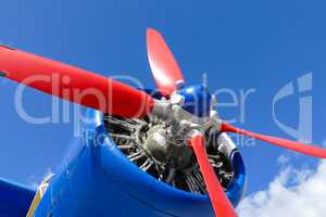 Flugzeugmotor mit rotem Propeller