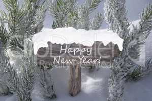 Christmas Sign Snow Fir Tree Branch Text Happy New Year