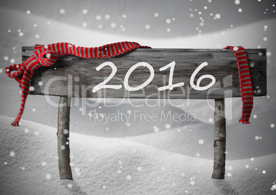 Gray Christmas Sign 2016 Snow, Red Ribbon, Snowflakes