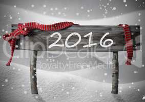 Gray Christmas Sign 2016 Snow, Red Ribbon, Snowflakes