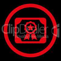 Certificate flat red color rounded vector icon