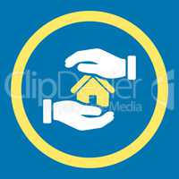 Realty insurance flat yellow and white colors rounded vector icon