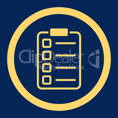 Examination flat yellow color rounded vector icon